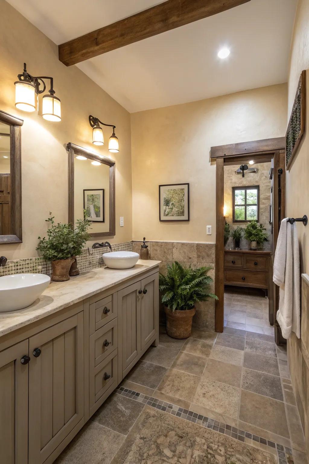 Neutral tones set up a relaxing and calm bathroom vibe.