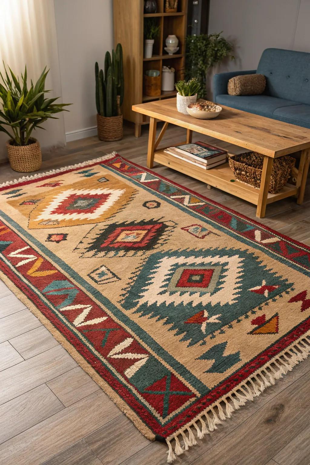 A Southwestern carpet enriches an Arizona room with warmth and style.