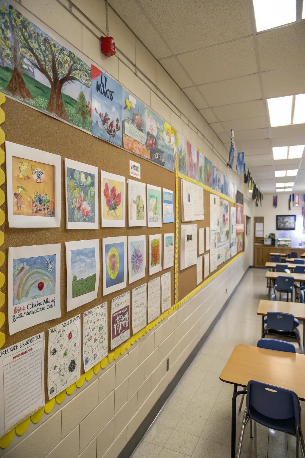 A display board featuring a gallery of student artwork.