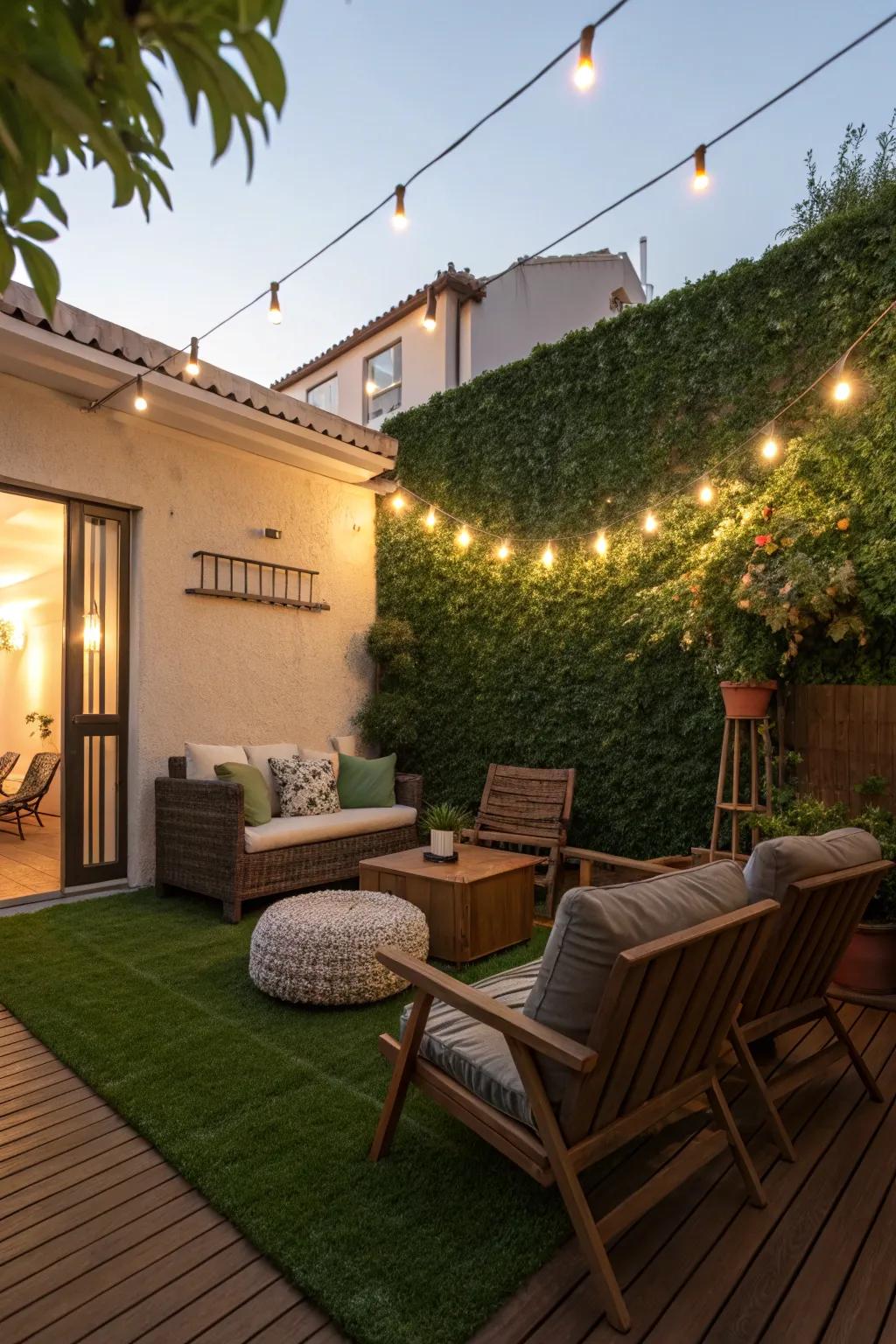 A patio changed into a serene hideaway thanks to the addition of a fabricated grass wall.