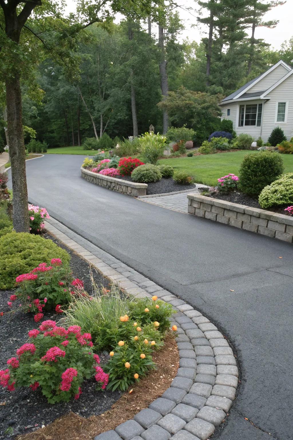 Landscaping touches play perfectly with the paver borders of this lovely driveway.