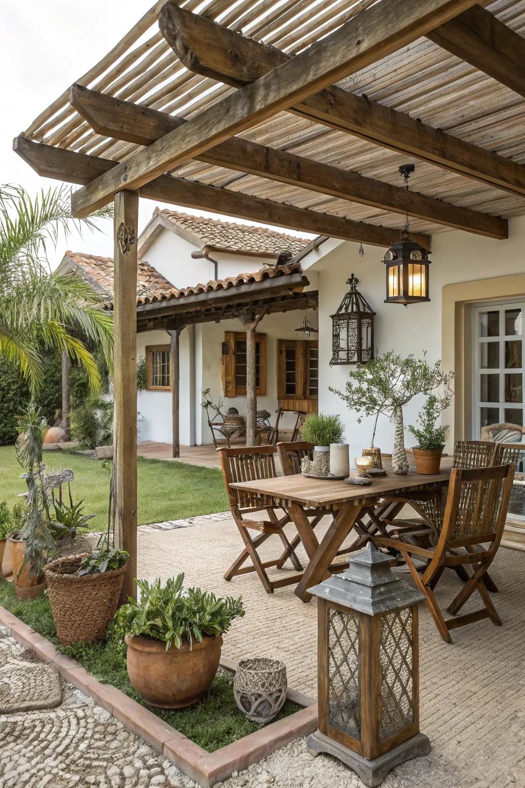 Produce a cozy retreat using a country-style timber awning.