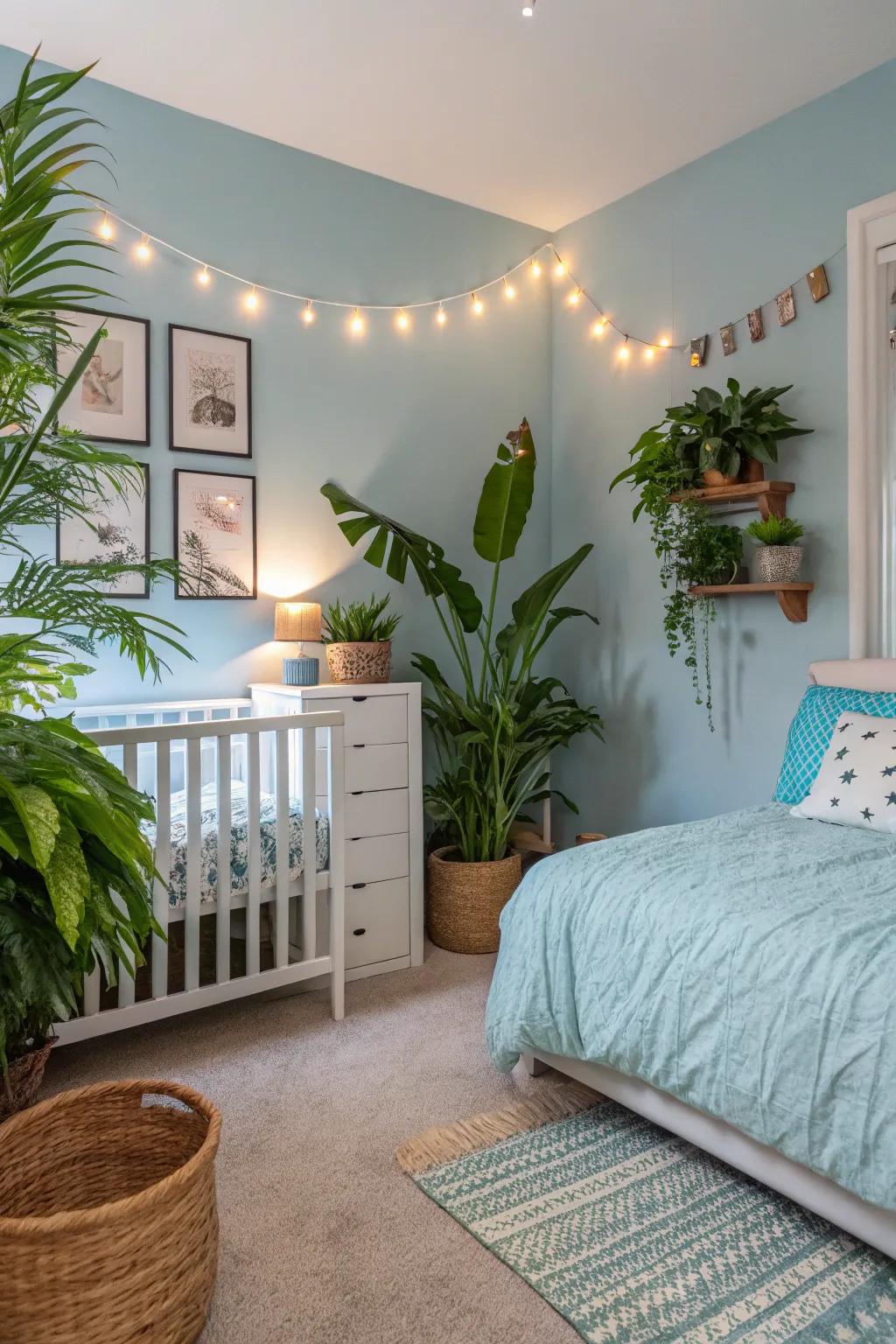 Verdant plants introduce a refreshing contrast to a serene pale sky bedroom.