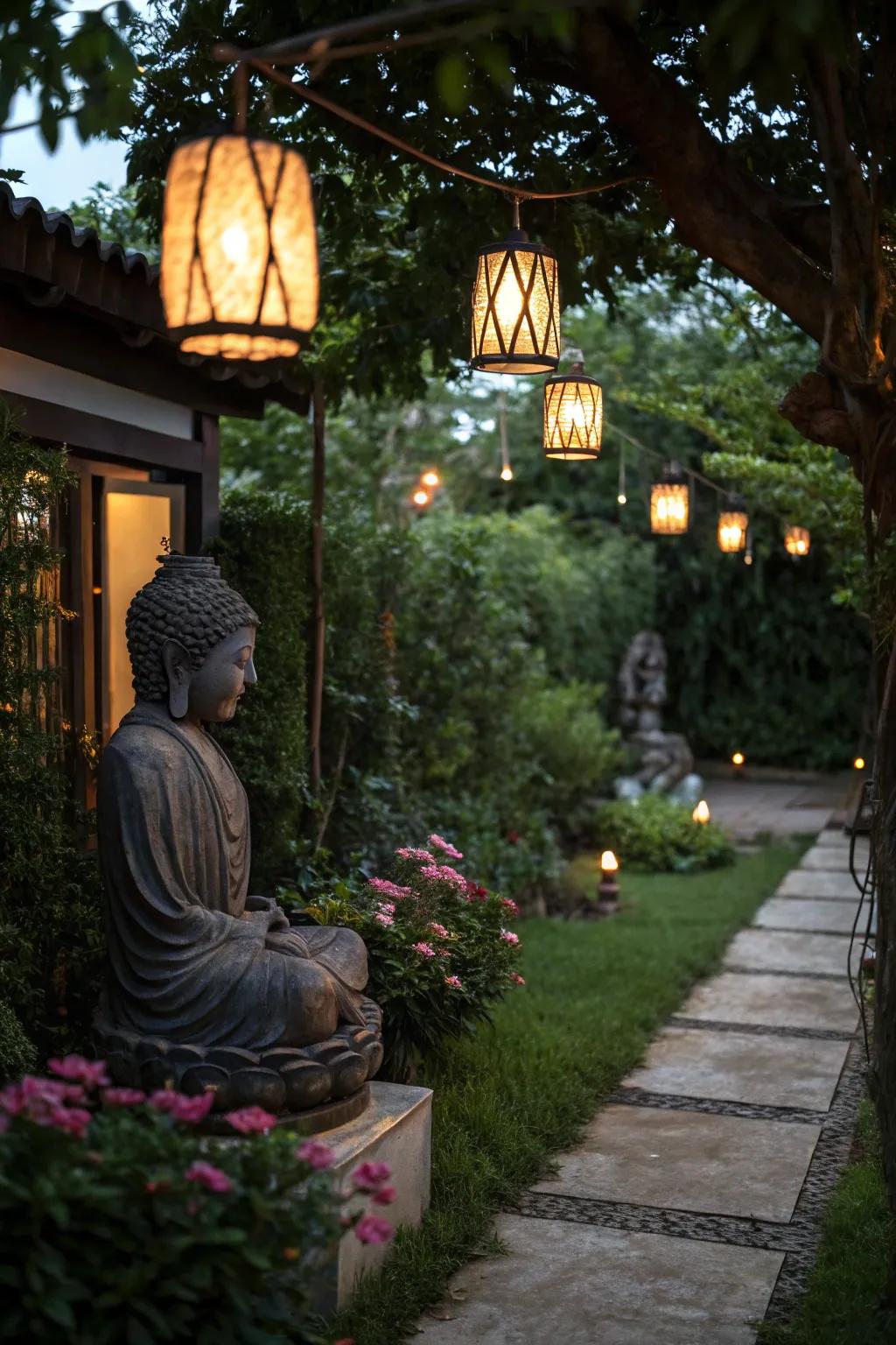 Lights add a warm, spiritual glow to your garden at night.