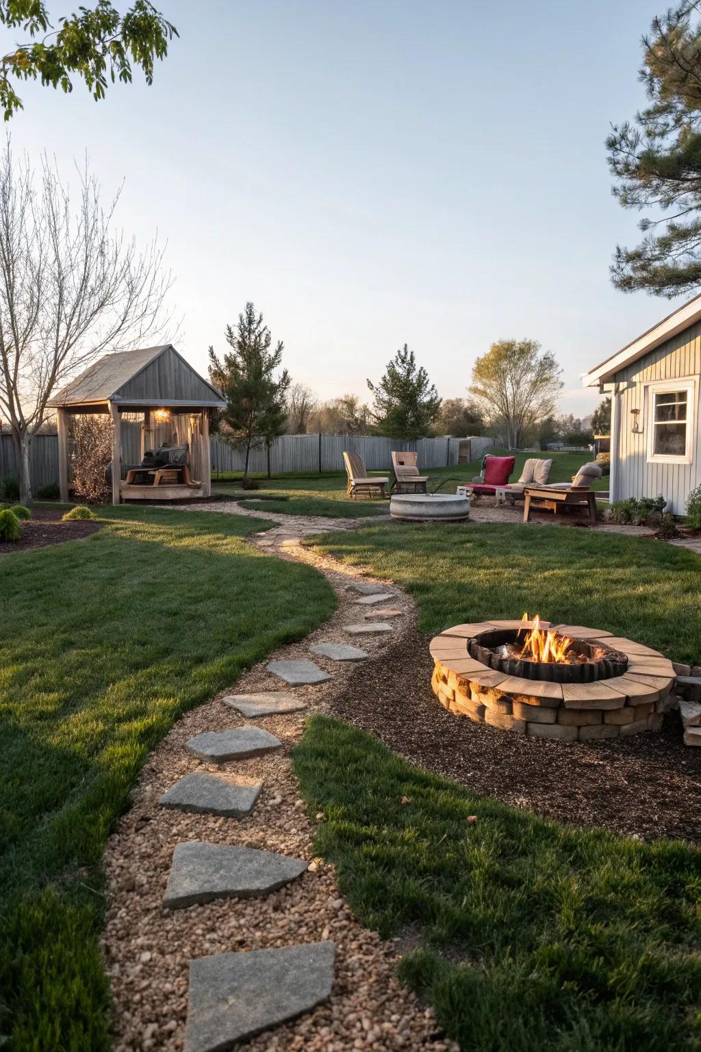 Wood chip walkways offer a natural and inviting path to your fire pit.