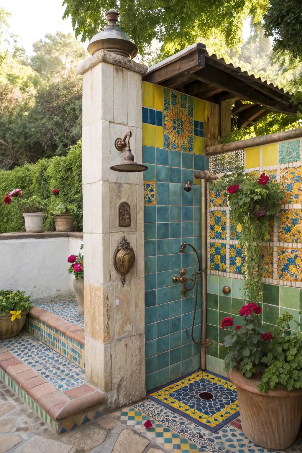 A bohemian outdoor rinsing station with vibrant tiles and vintage charm.