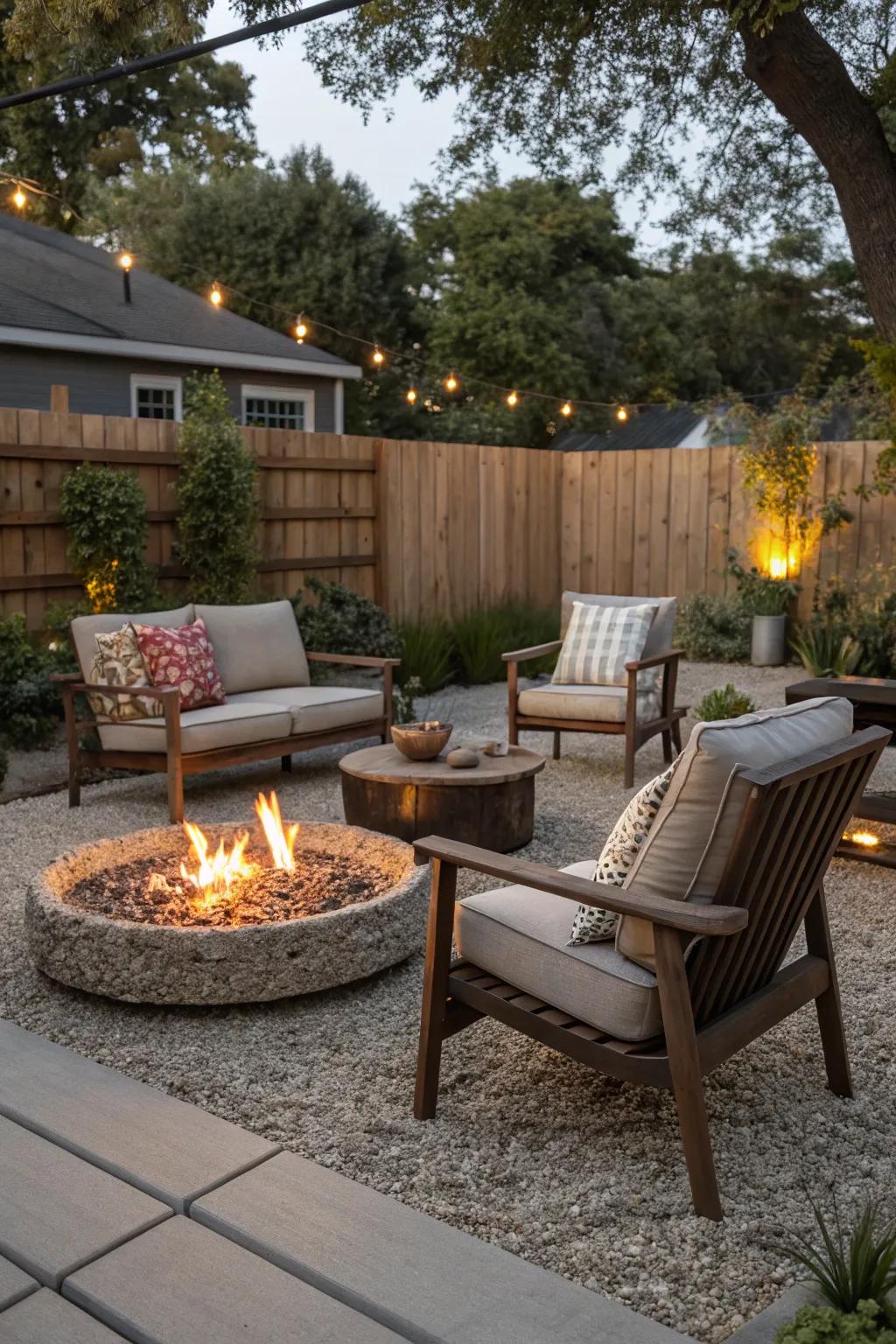 Gravel flooring around a fire pit produces a comfortable and appealing patio space.
