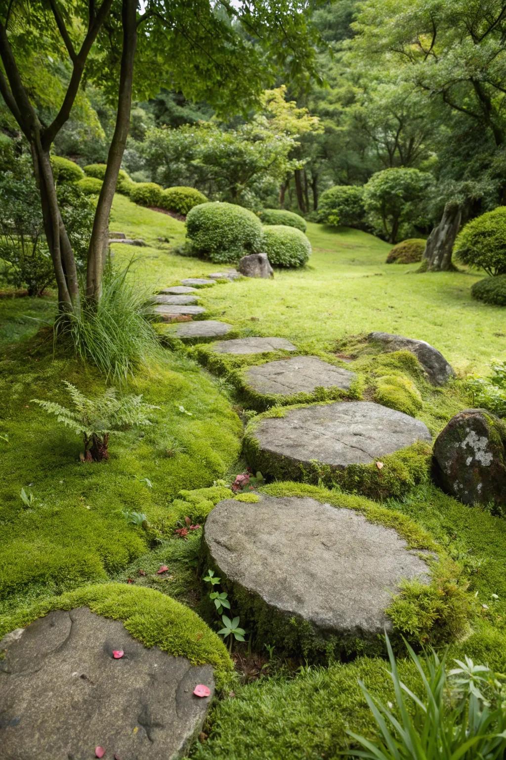 Embedded flora between stones composes a fluid garden trail.