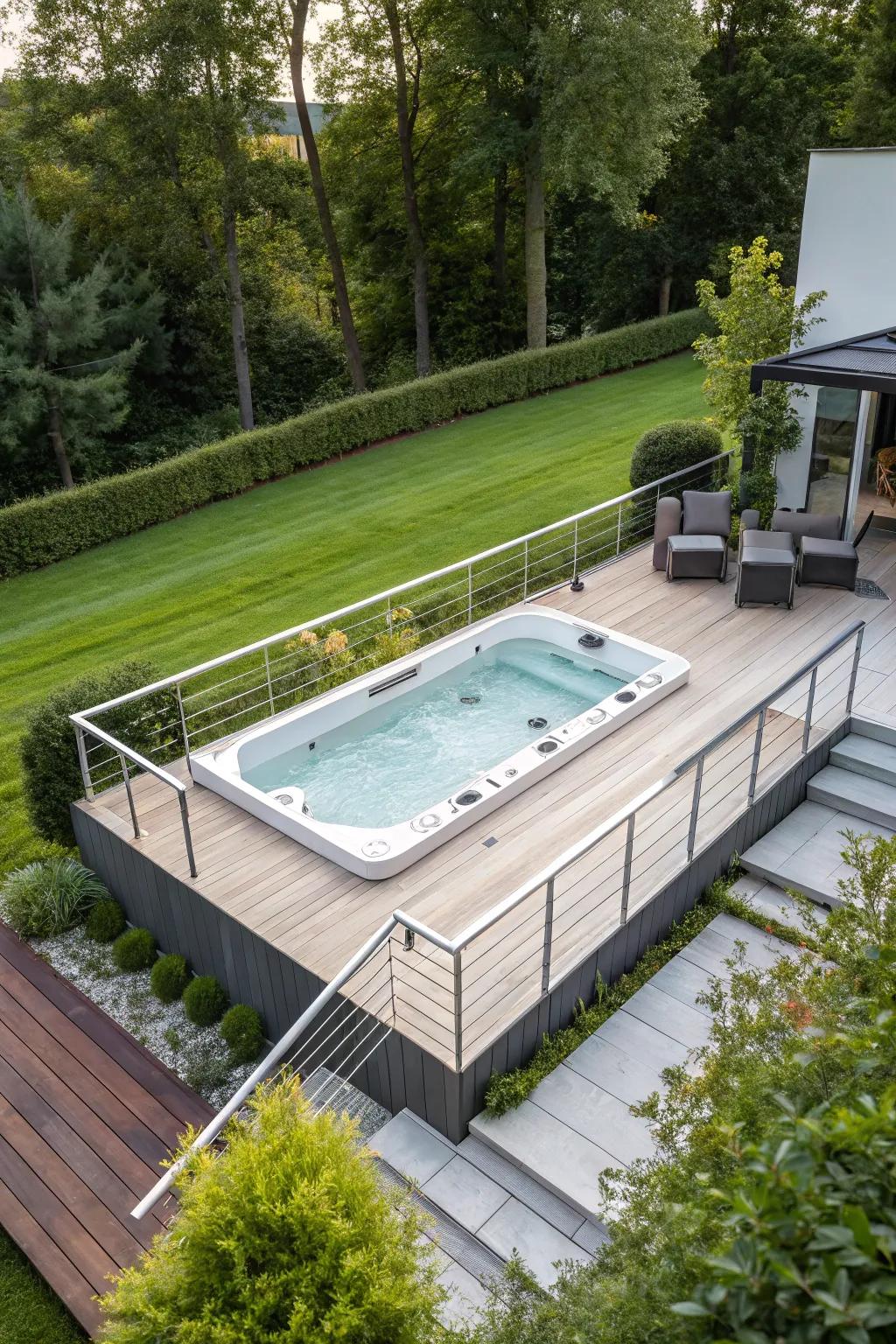 Sunken patios give a trendy, unified presence for your swim spa.