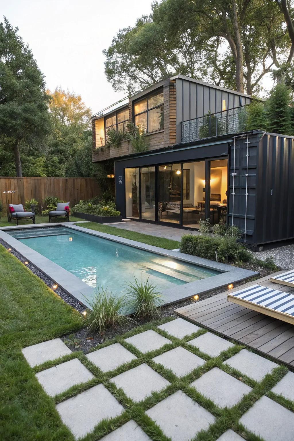 A repurposed container pool delivers a distinctive and modern element.