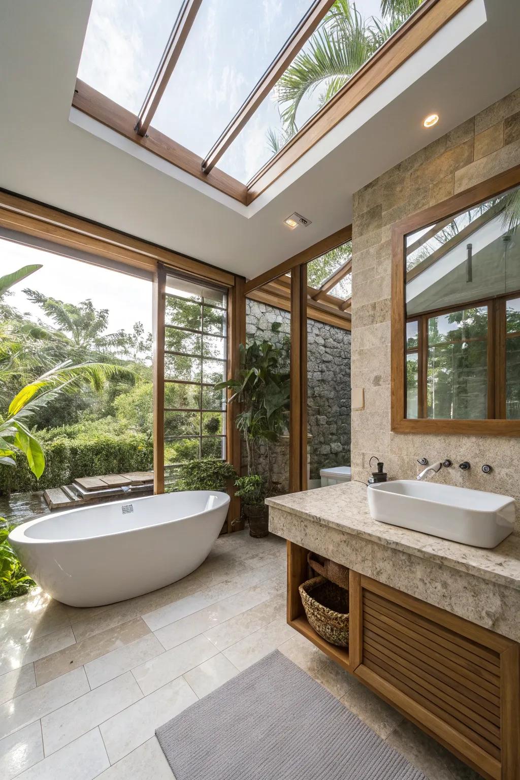 Roof windows and wide windows invite abundant sunshine.