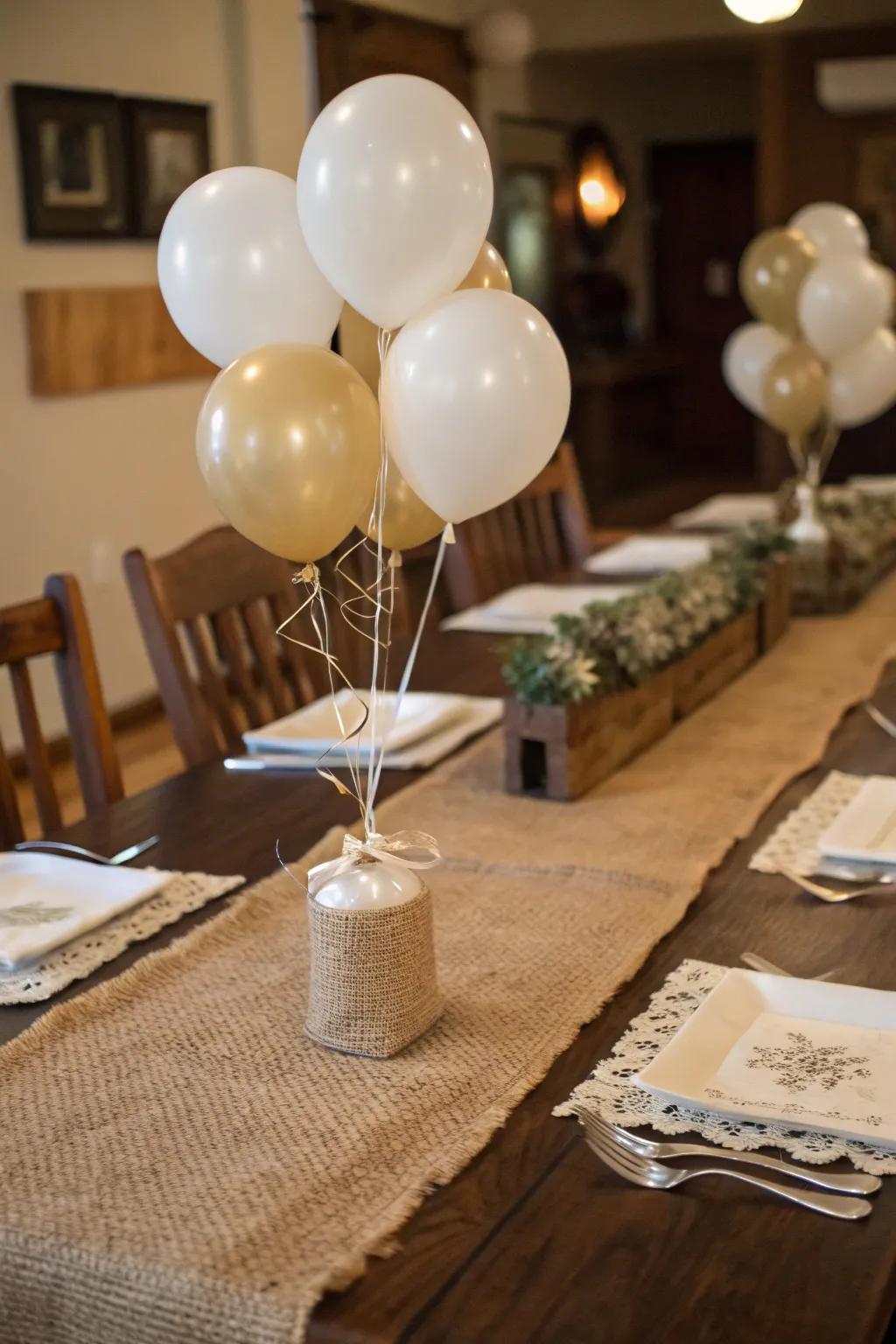 Countryside appeal featuring burlap and balloons of neutral tones.