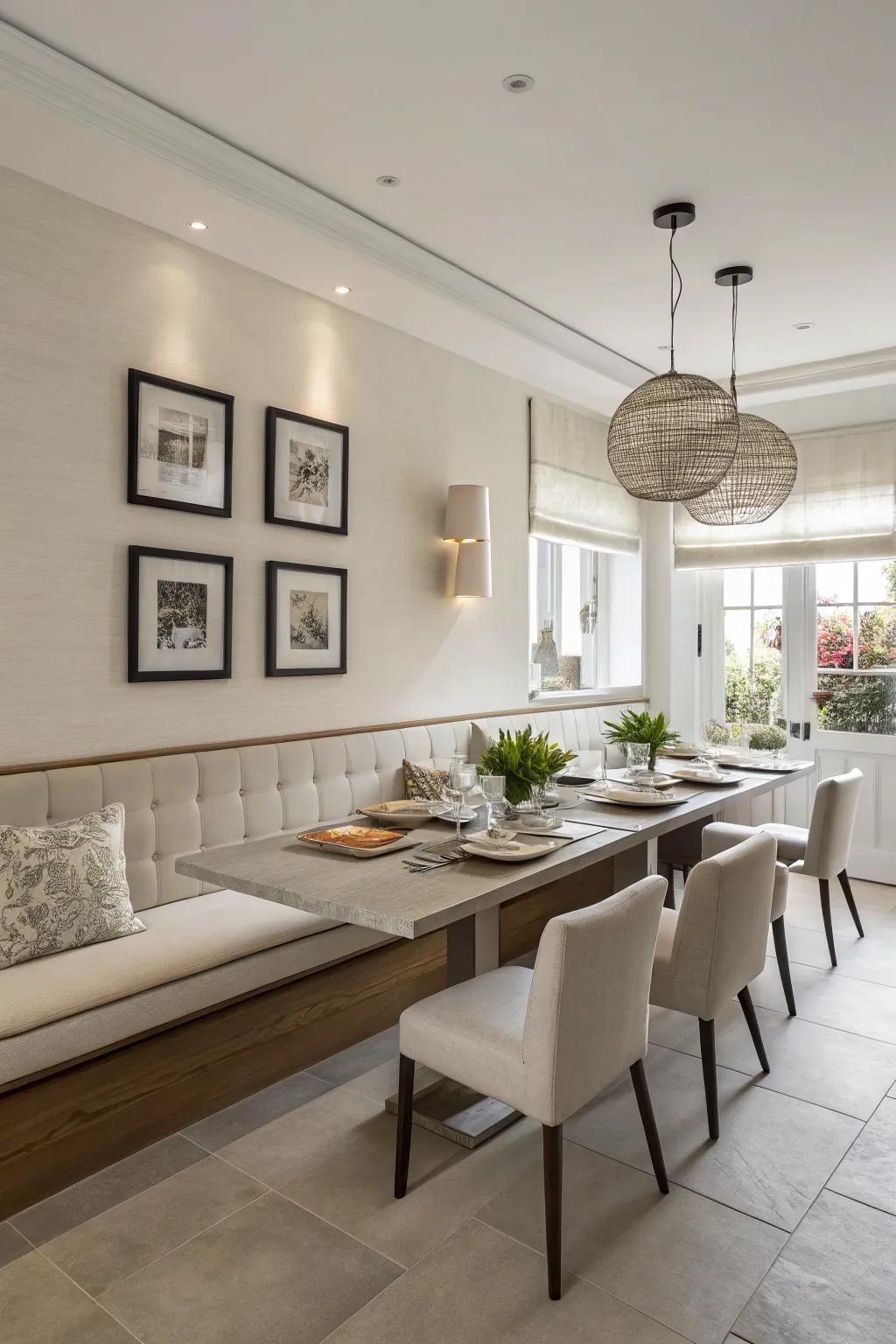 A modern dining space displays a floating banquette, projecting a smooth and modern aesthetic.