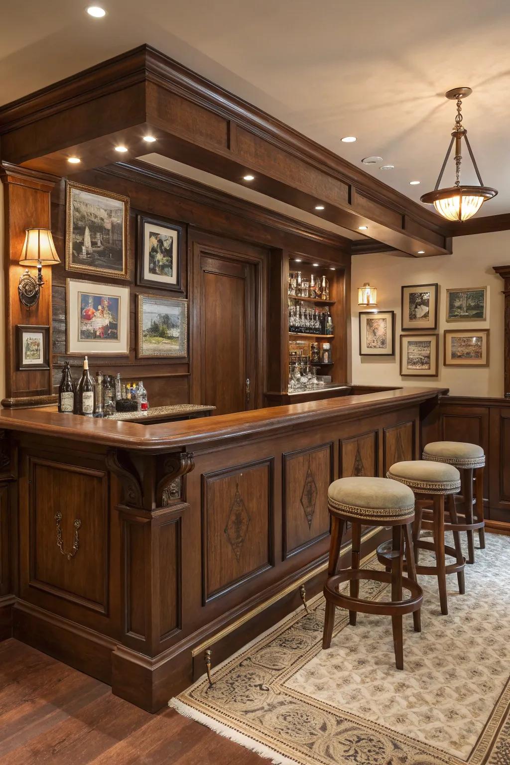 Classic pub-style paneling incorporates timeless charm into your home bar.