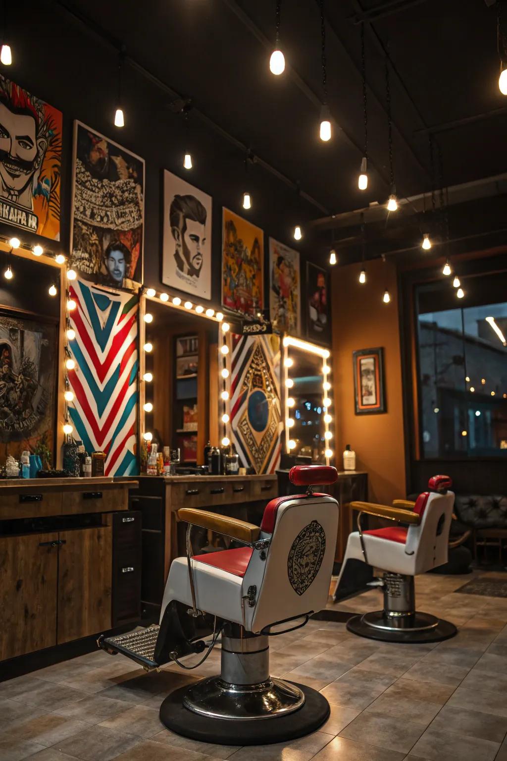 Accent lights bringing artistic components to life inside a barbershop.