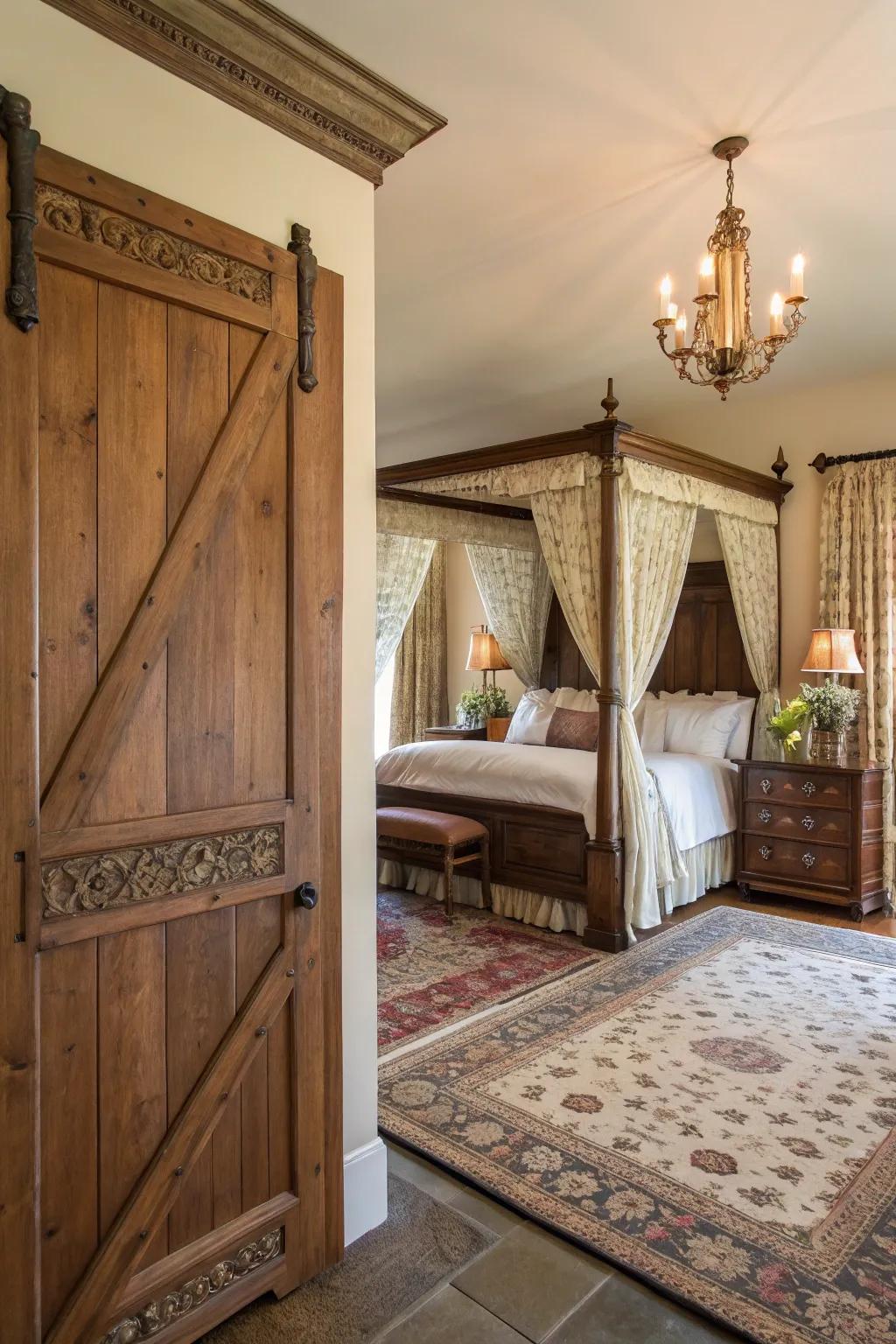 A timeless decorated gate incorporates a touch of grace to this traditional bedroom.