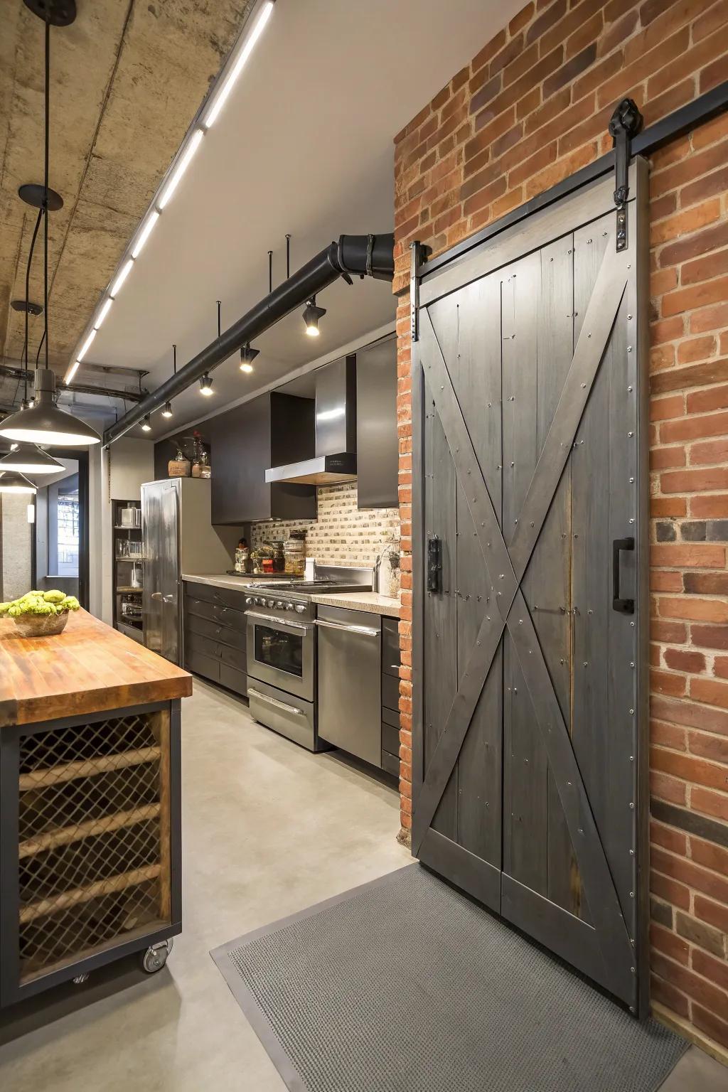 An industrial kitchen featuring a sliding barn door pantry accented with metal details.