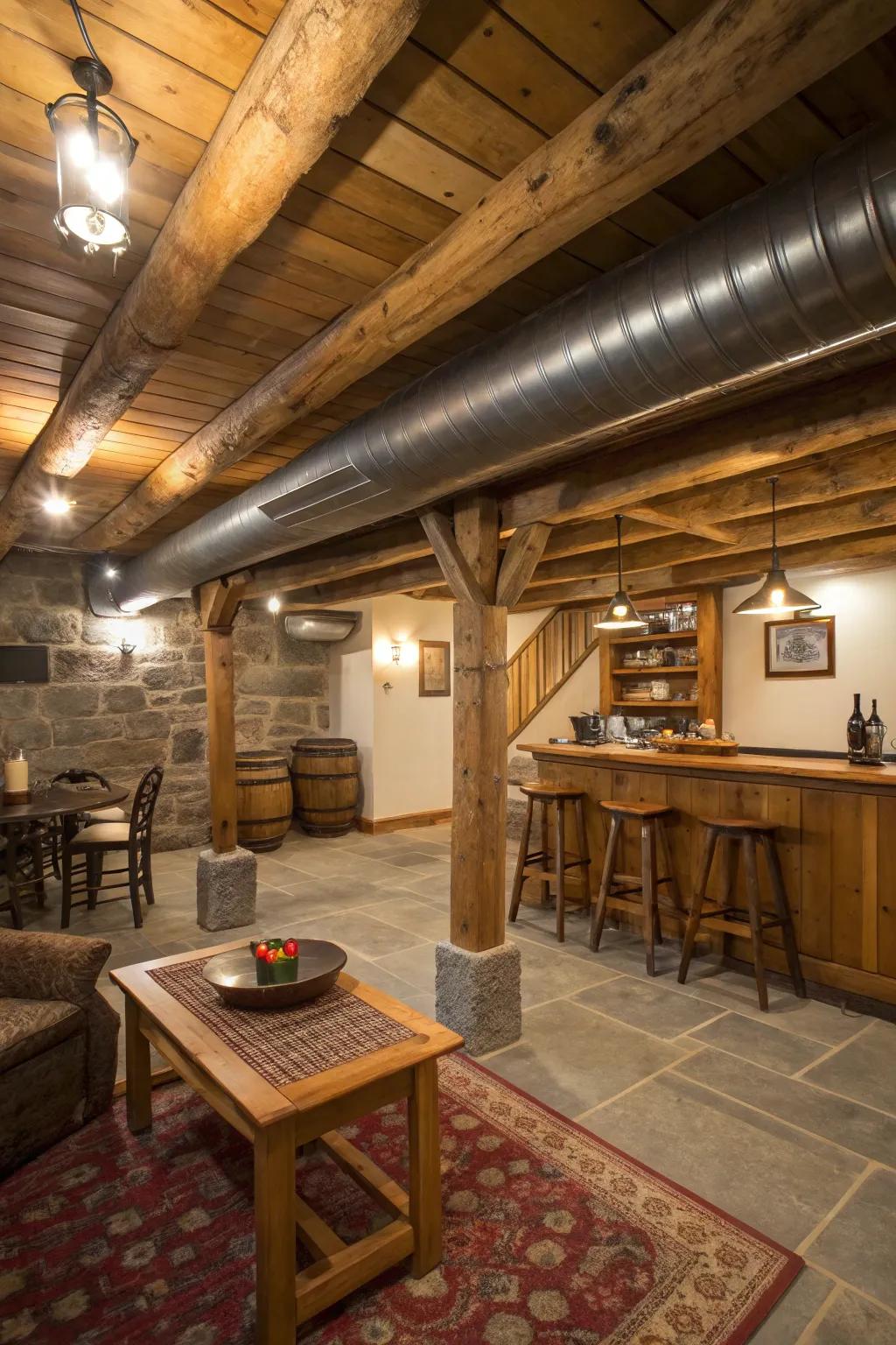 Infuse warmth and personality using faux wooden beams around ductwork.