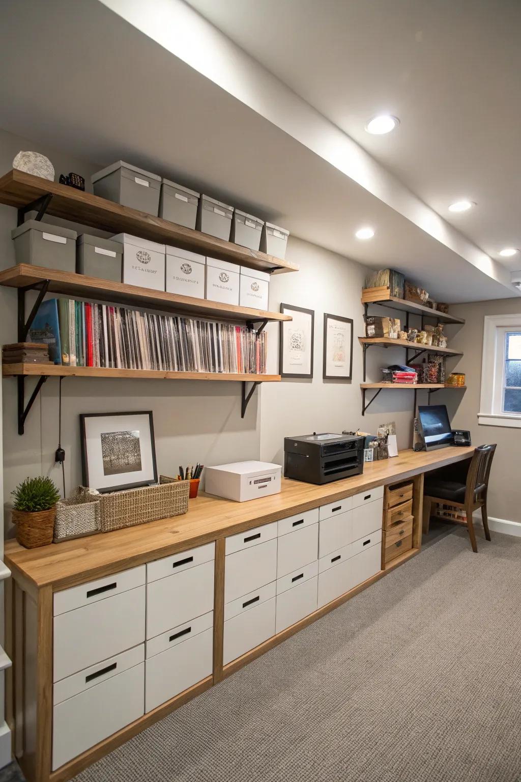 Smart storage solutions keep your workspace tidy, boosting efficiency.