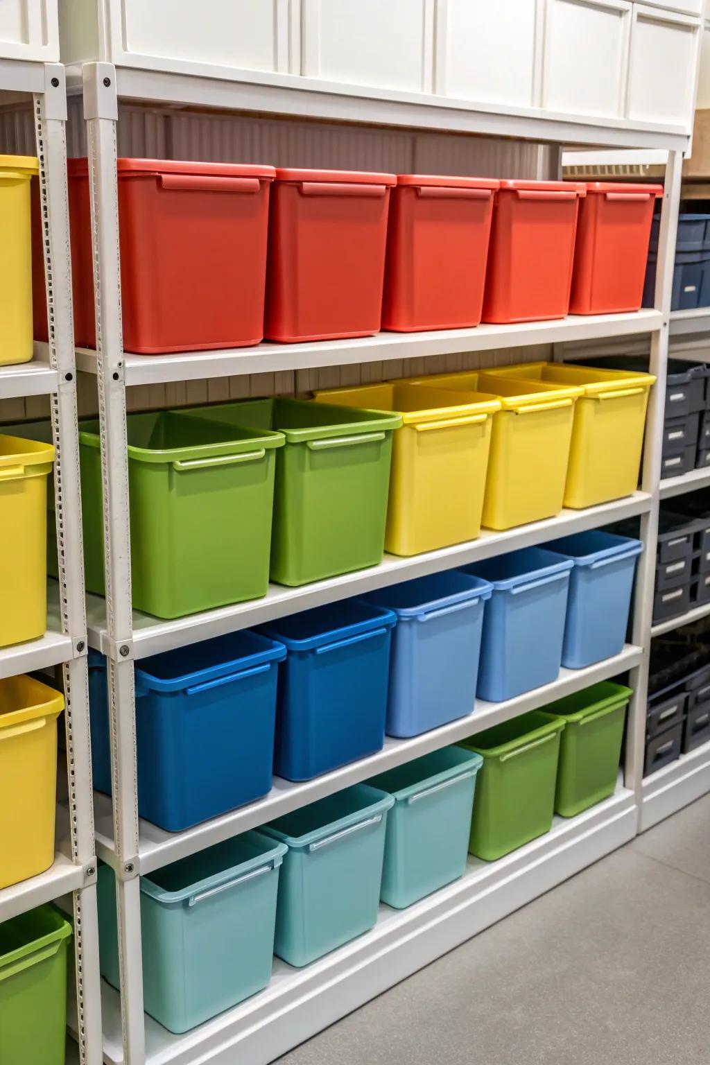 Color-coded containers simplify the process of finding stored items rapidly.