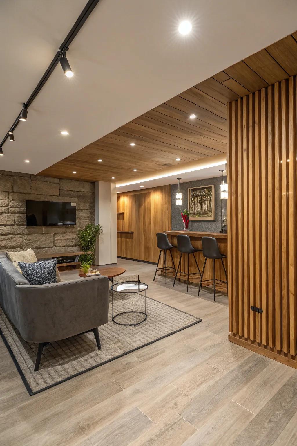 For paneling, wood slats are a fashionable and environmentally beneficial option.