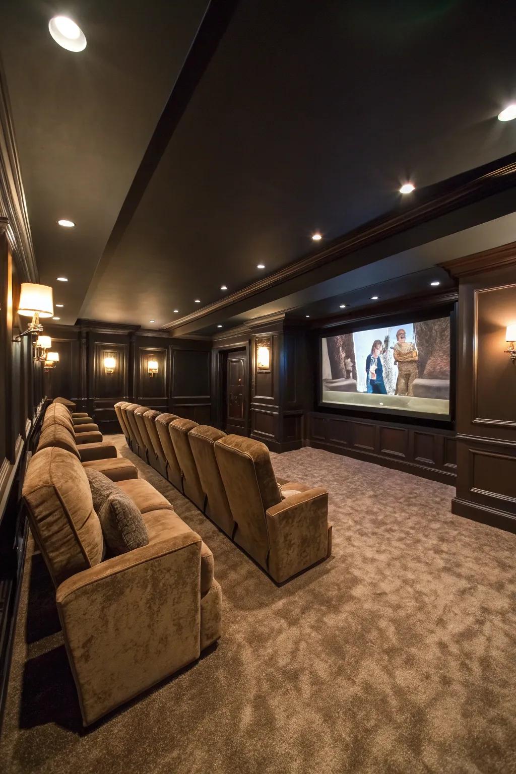 A dark color palette enriches the cinematic atmosphere within your basement theater.