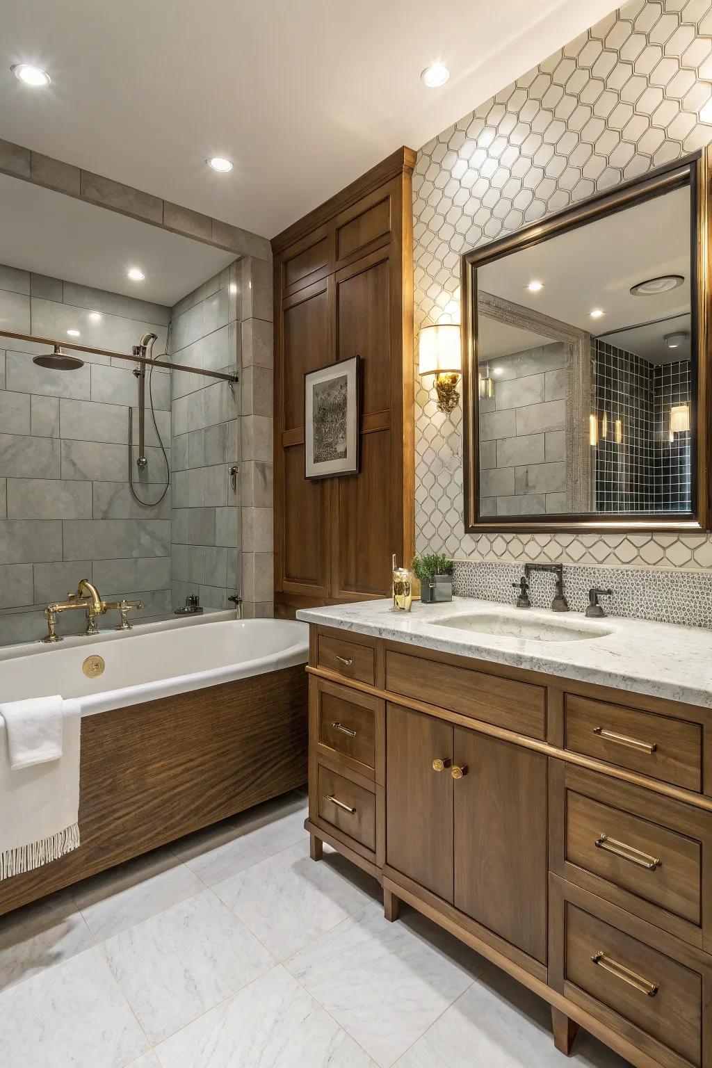 Blended materials bring warmth and richness to the bathtub space.