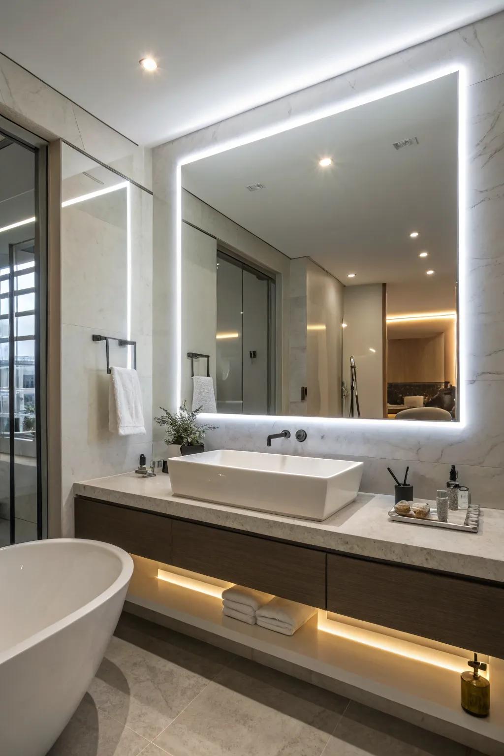 Luminescent mirrors present a stunning, futuristic lighting outcome.