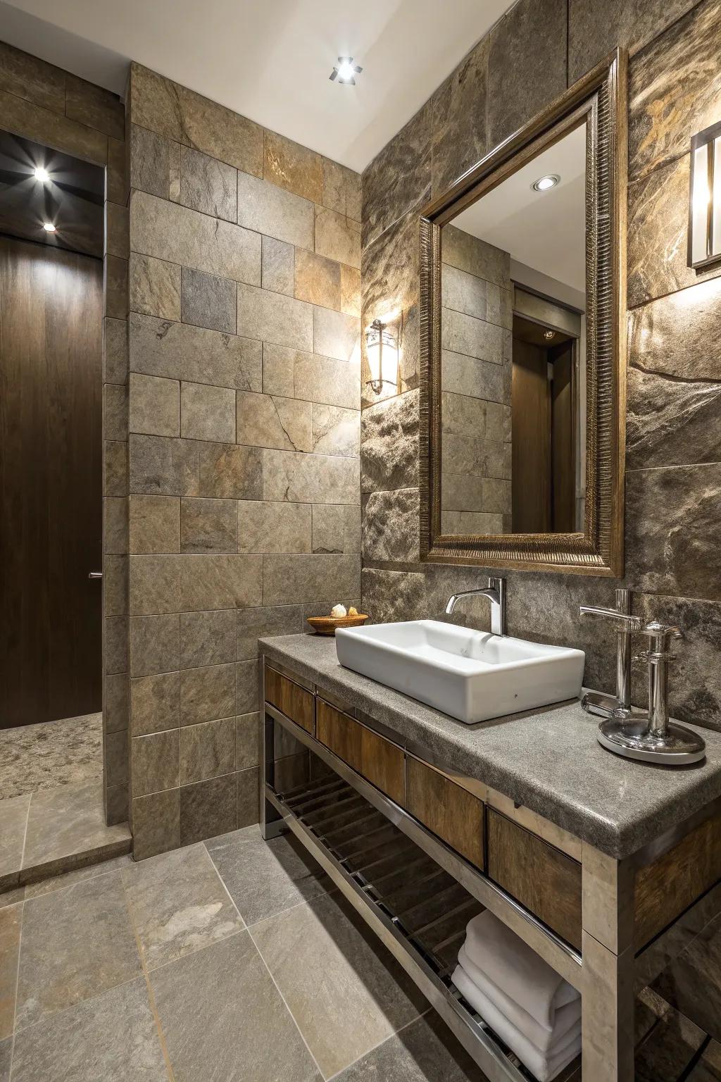 A bathroom showcasing a harmonious fusion of textures for added depth.