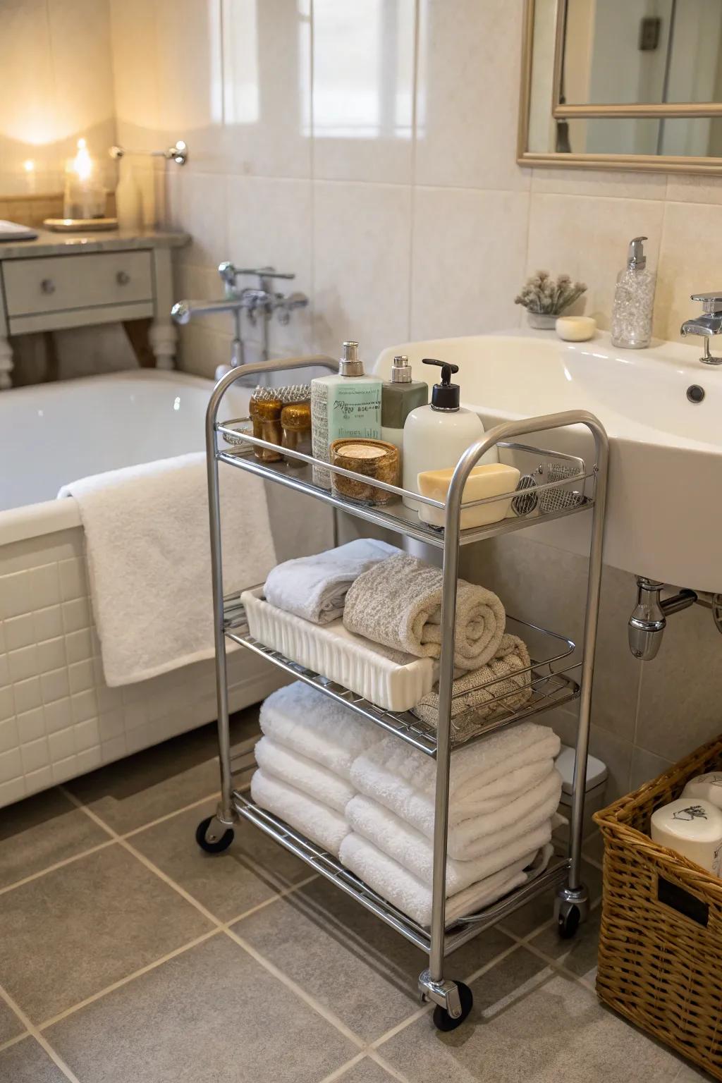Wheeled carts offer easy and stylish towel keeping options.