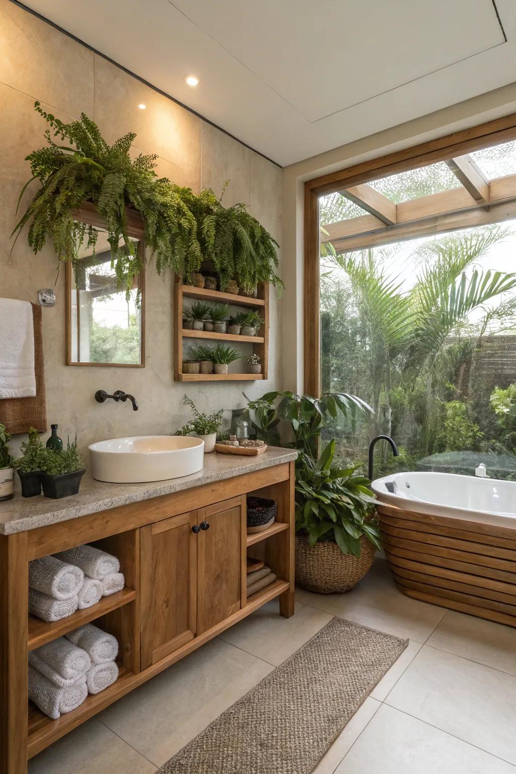 Wooden accents and greenery fostering a spa-like bathroom atmosphere.