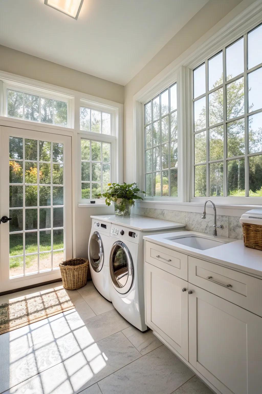 Ample natural light brightens the laundry space, contributing to a more expansive ambiance.