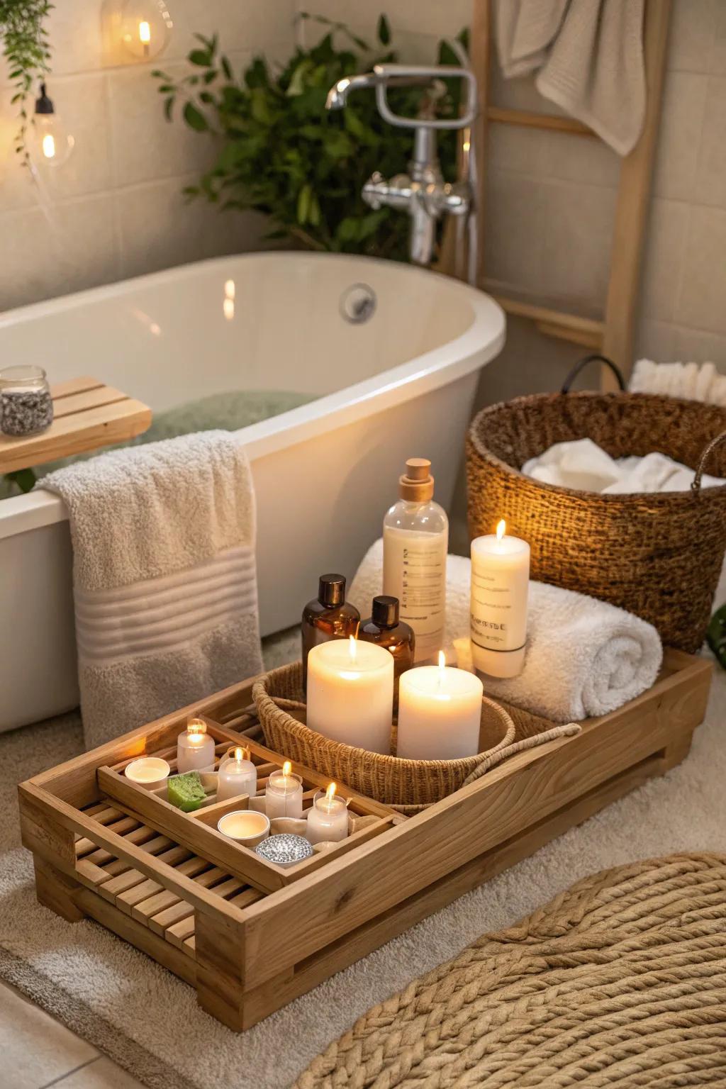 Comforting wooden highlights like a bath caddy contribute coziness to the bathroom.