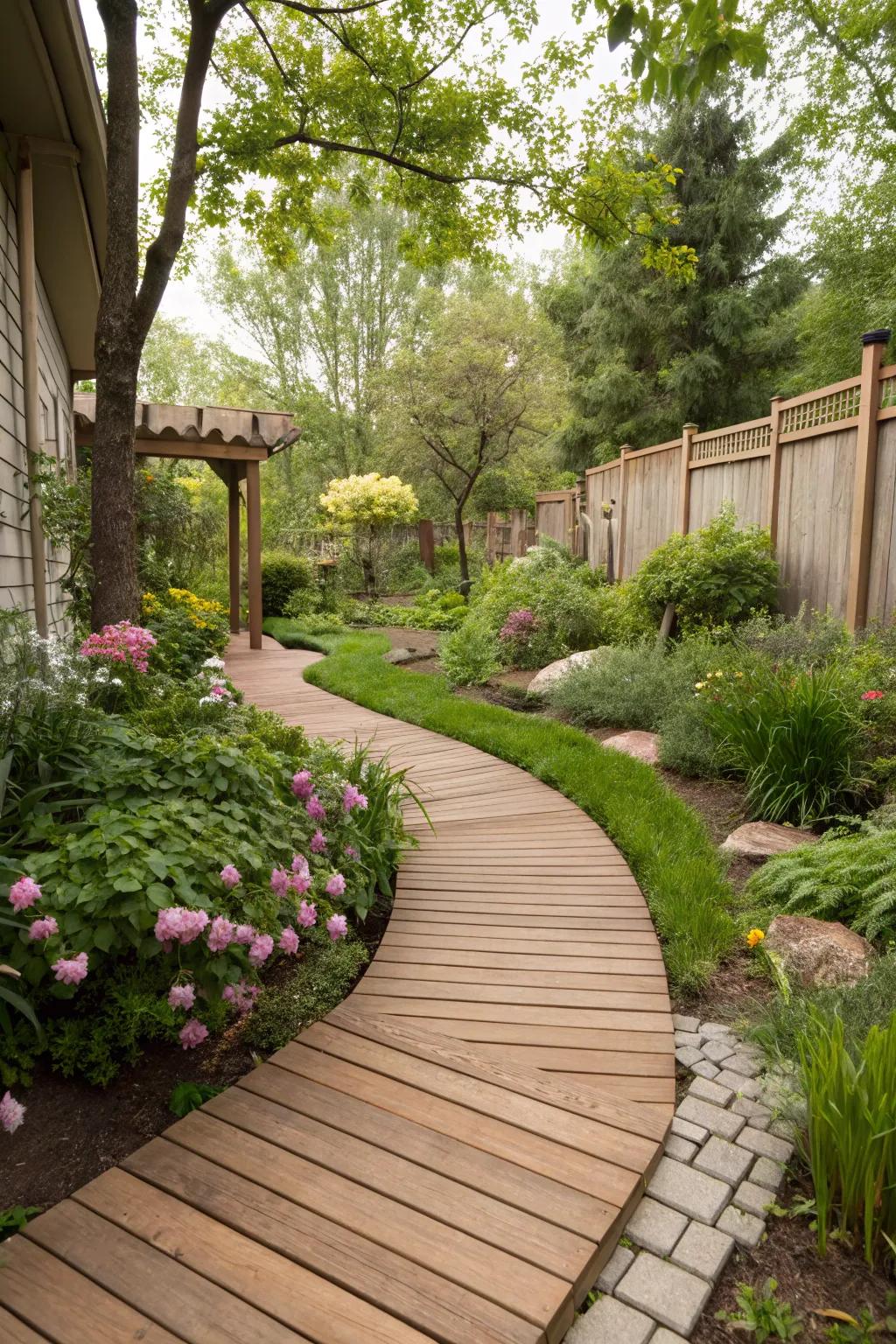 A boardwalk pathway adds charm and guides you through your backyard retreat.