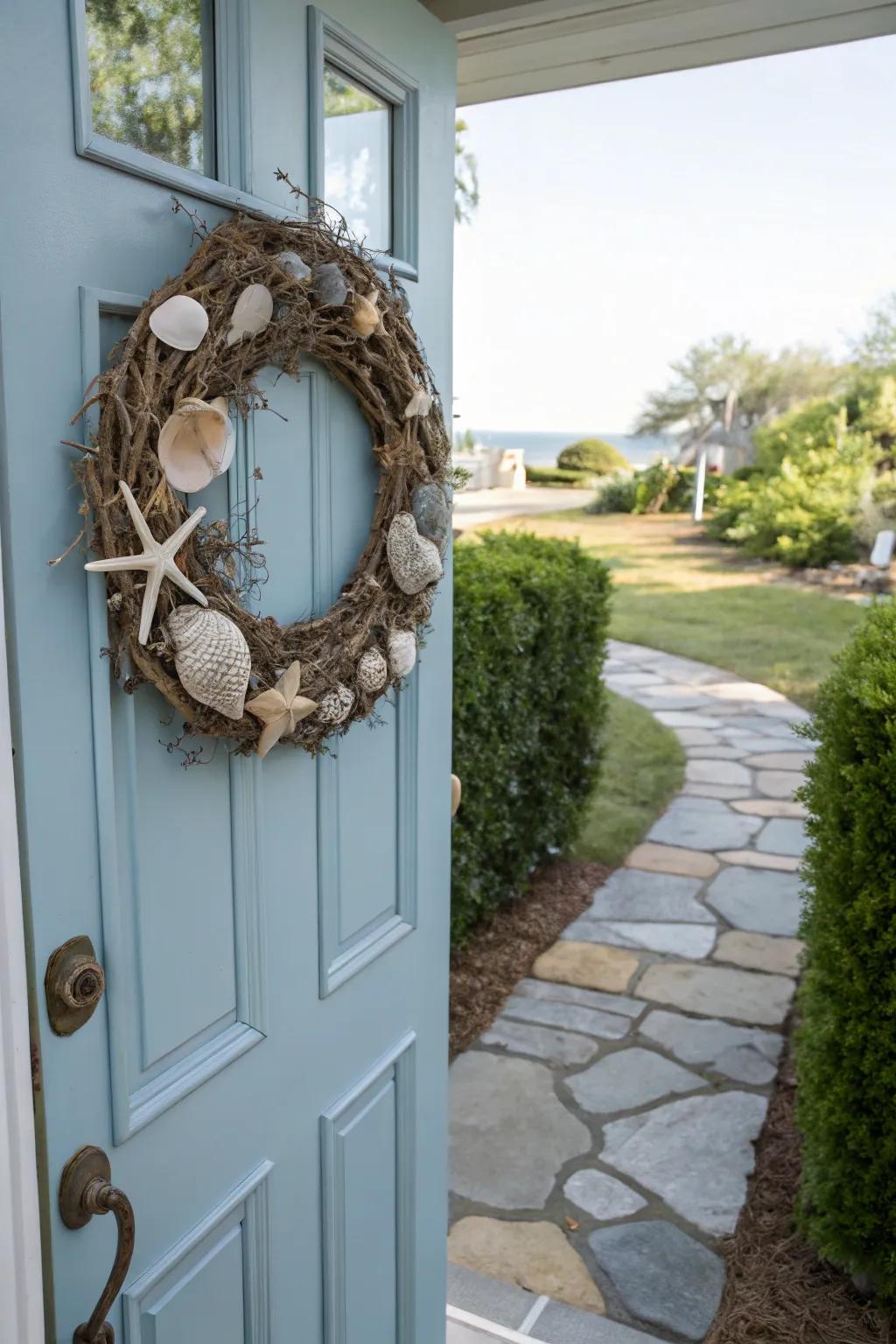 A seashell garland introduces coastal charm to your home's entrance.
