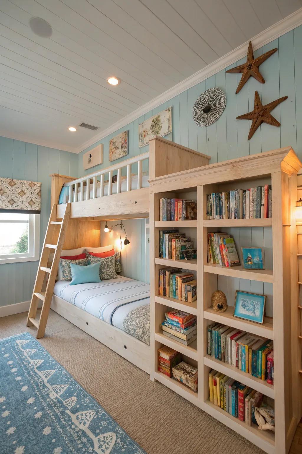 A custom bookcase ensures your seaside reads are nearby.