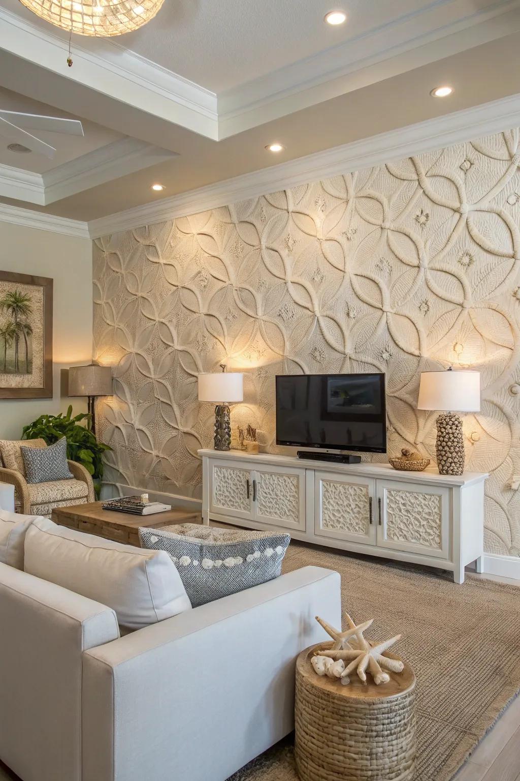 Add subtle sophistication with textured beach-inspired wallpaper.