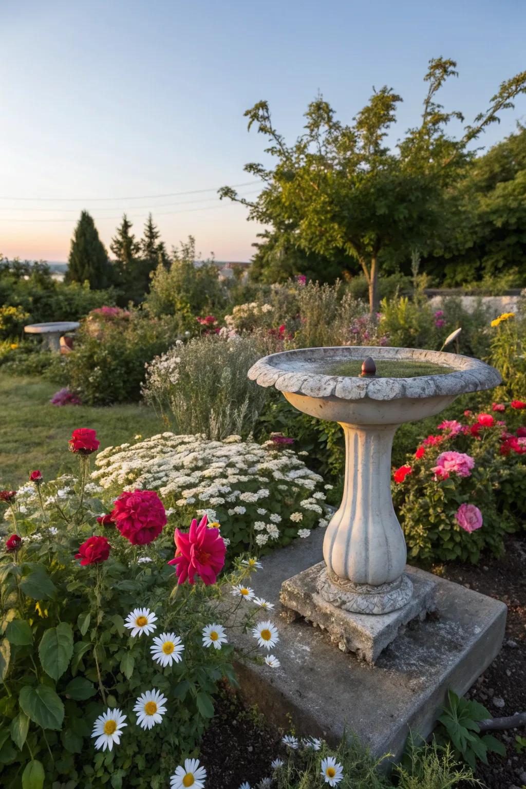 A charming birdbath encircled by vibrant spring flowers.