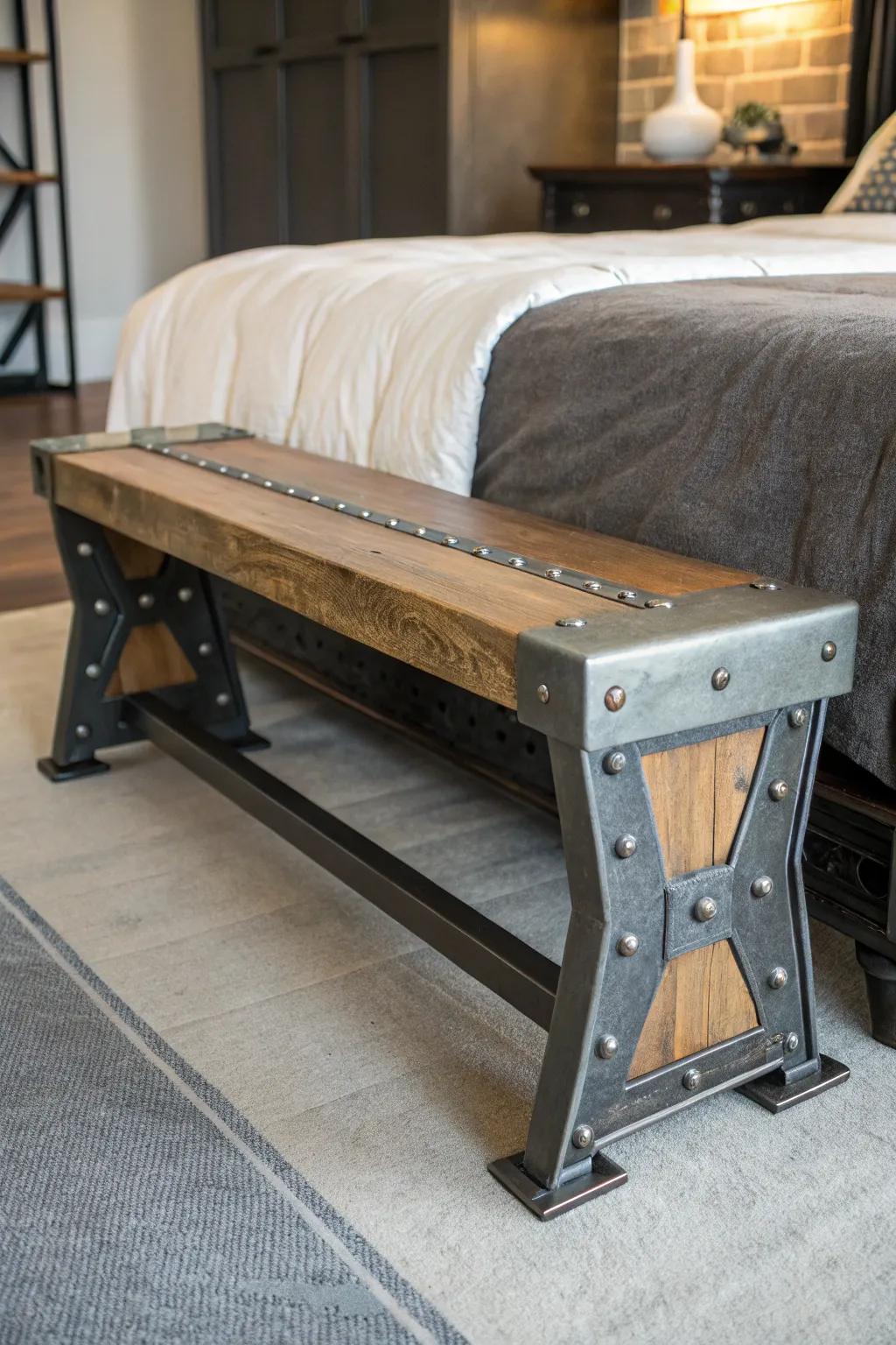 Industrial benches append a bold, edgy aesthetic to your bedroom.