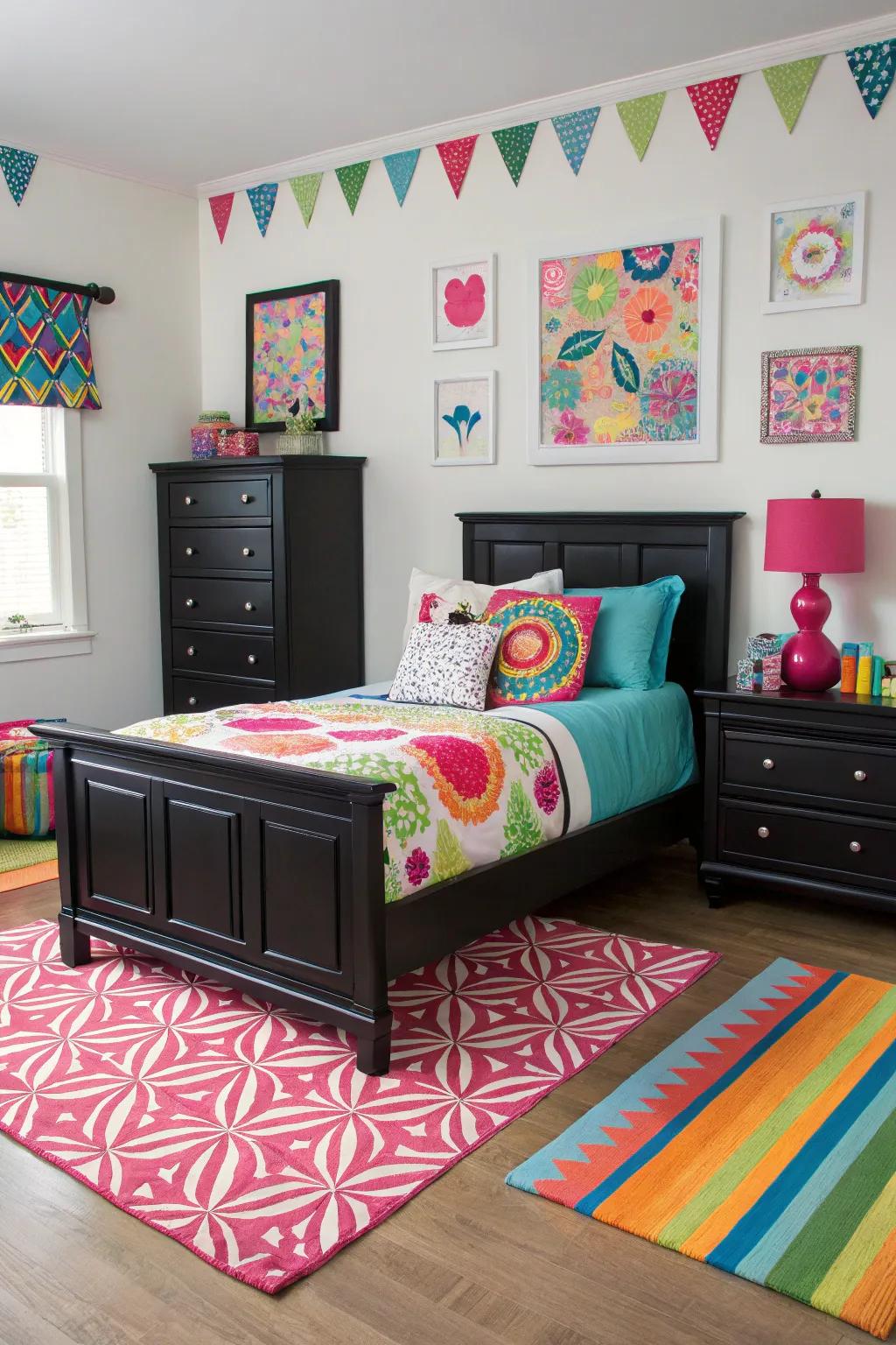 Vibrant colors add personality to a bedroom accentuated with sleek black furniture.