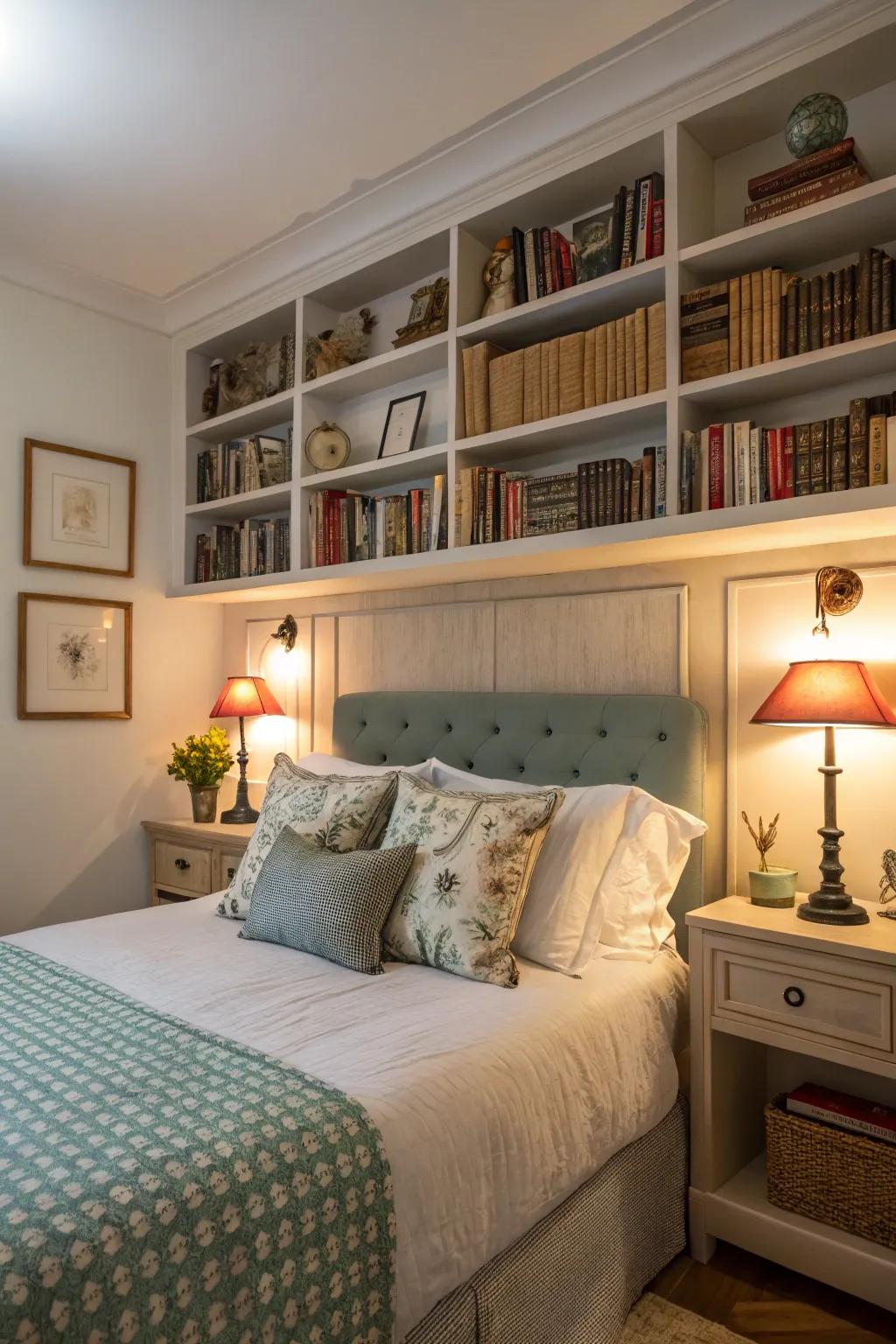 Headboard shelves offer a handy space for nighttime essentials.
