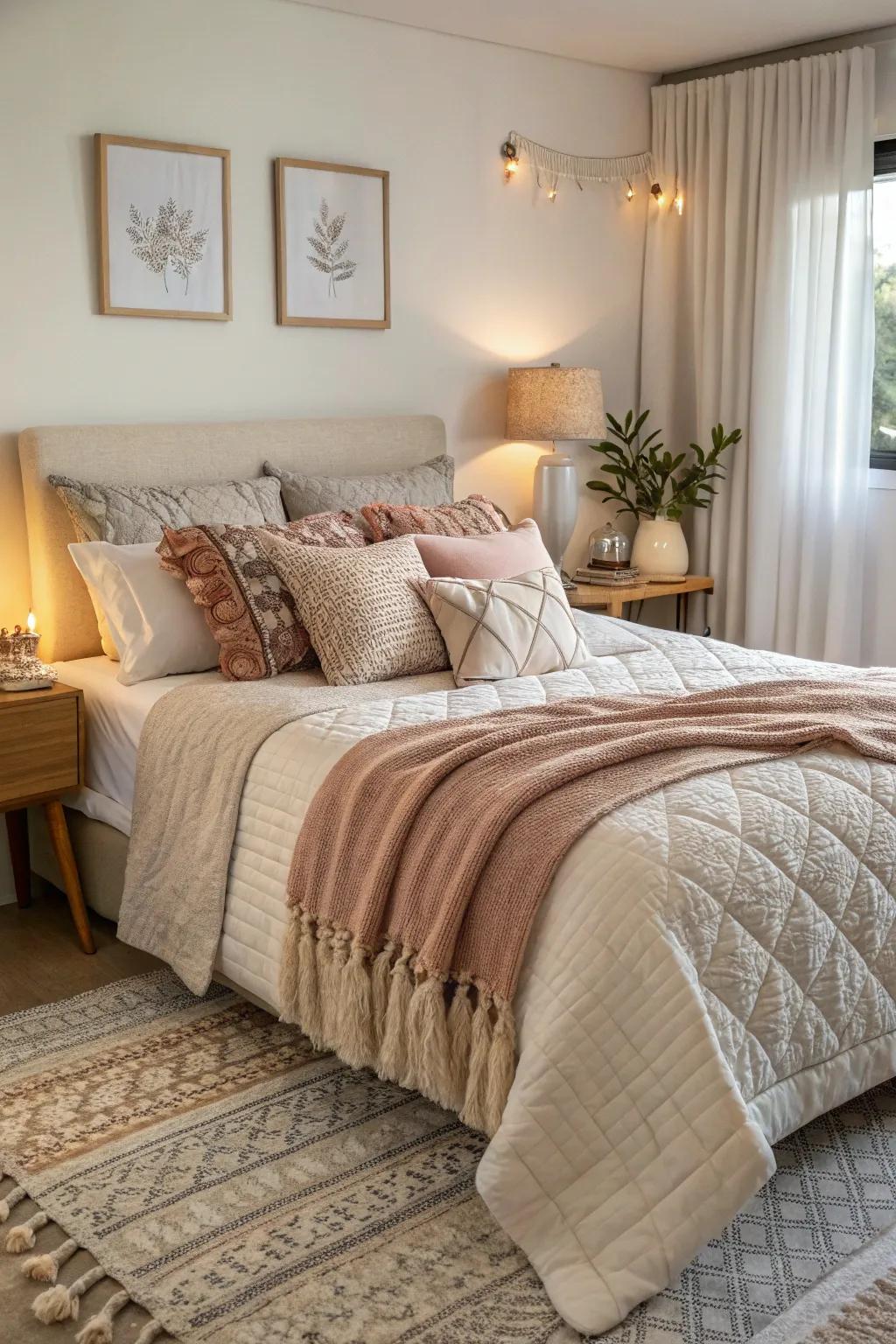 Layered textiles introduce coziness and bursts of color to your bedroom.