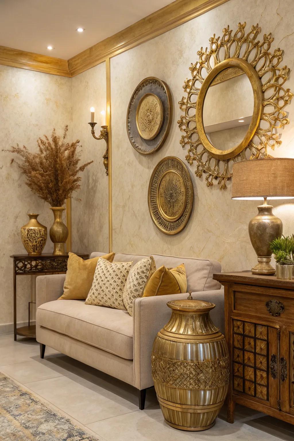 Shimmering accents bring a glamorous touch to this beige interior.