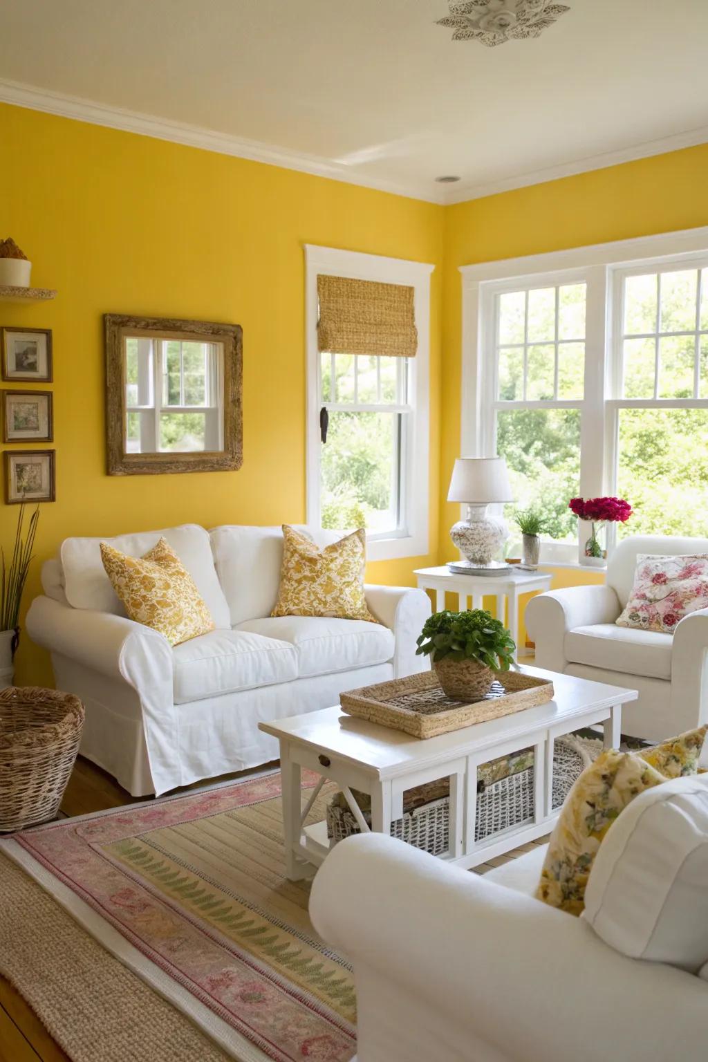 Walls painted sunny yellow invite warmth and delight into the space.