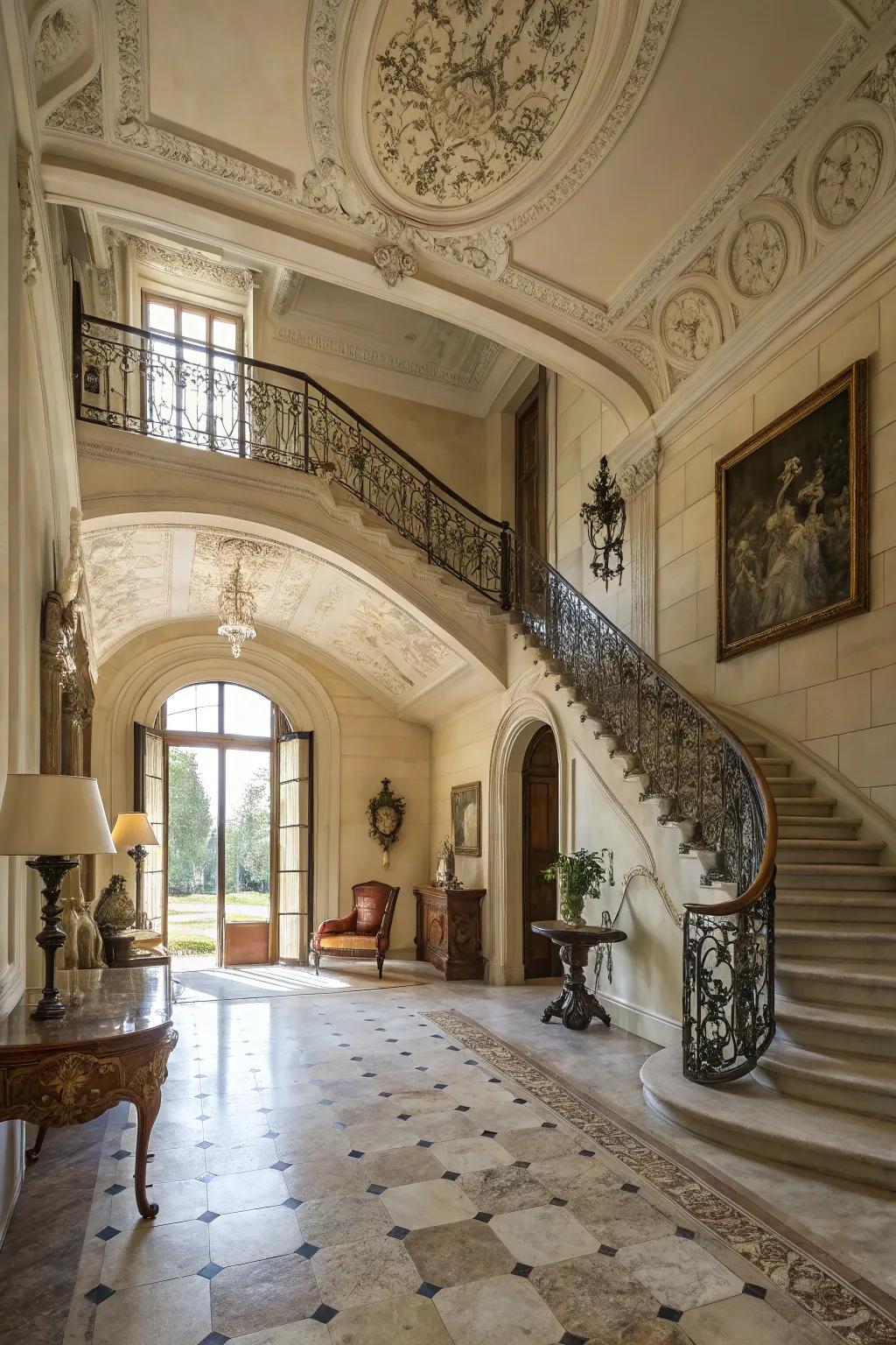 Natural stone flooring introduces elegance and classic charm.