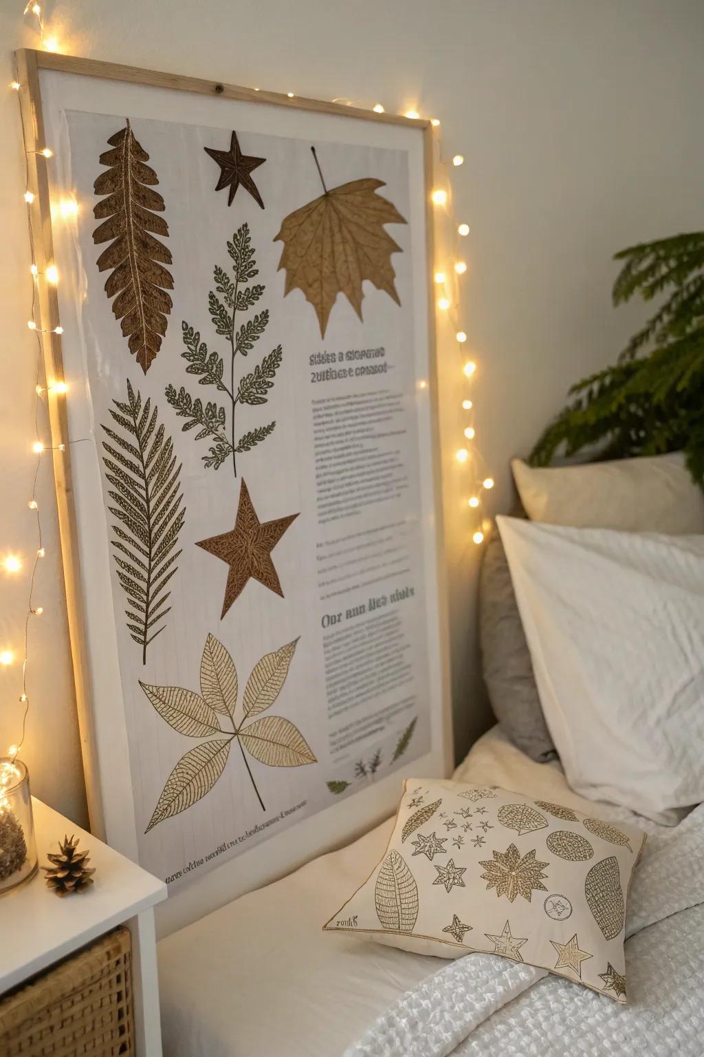 A nature-inspired poster with textured elements adds charm to a bedroom.