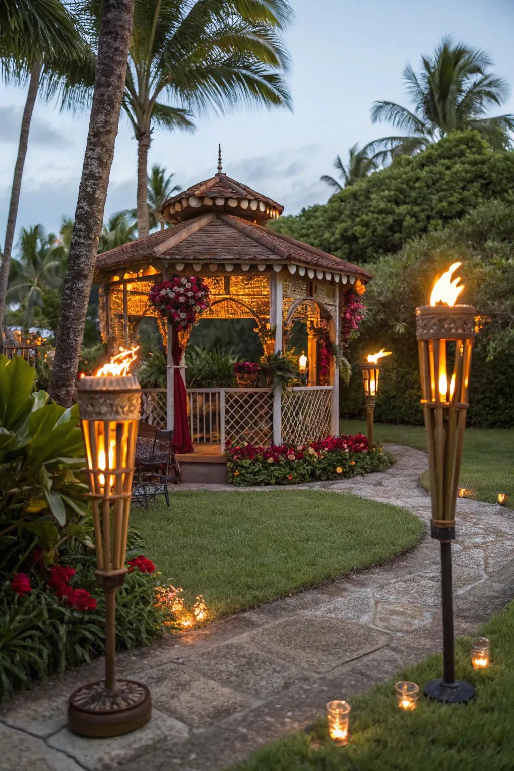 Tiki torches furnish a warm, tropical vibe flawless for summer nights.