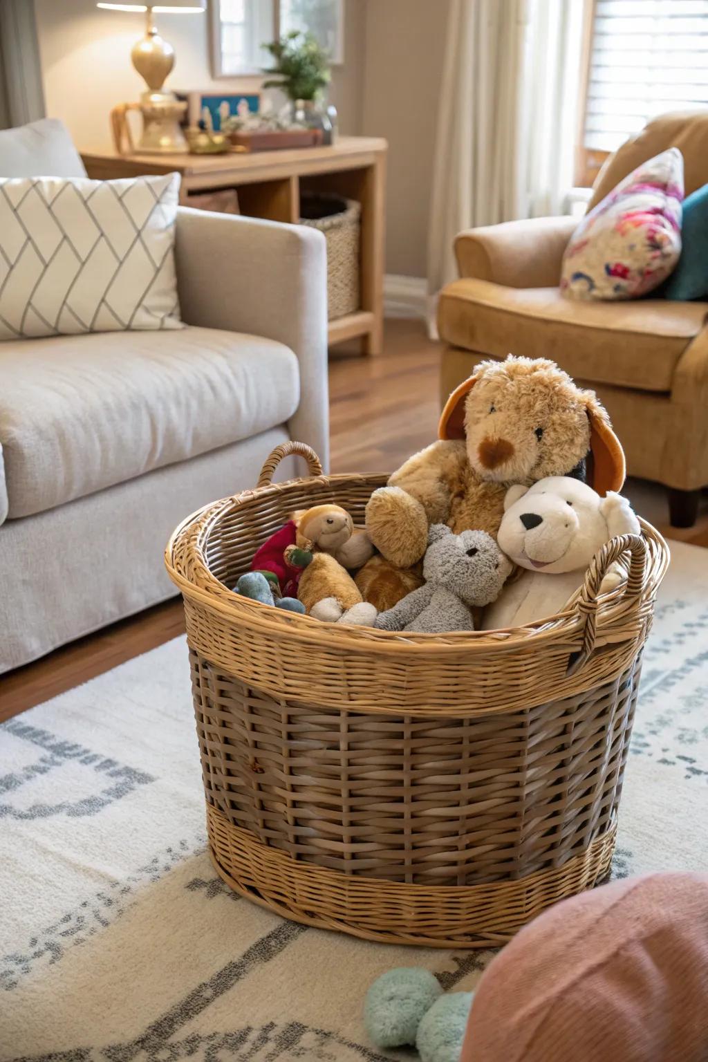 Wicker baskets are fashionable and useful for toy storage.
