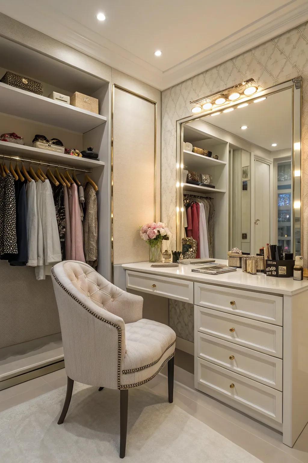 A closet including a stylish vanity area, finished with a mirror and elegant seating.