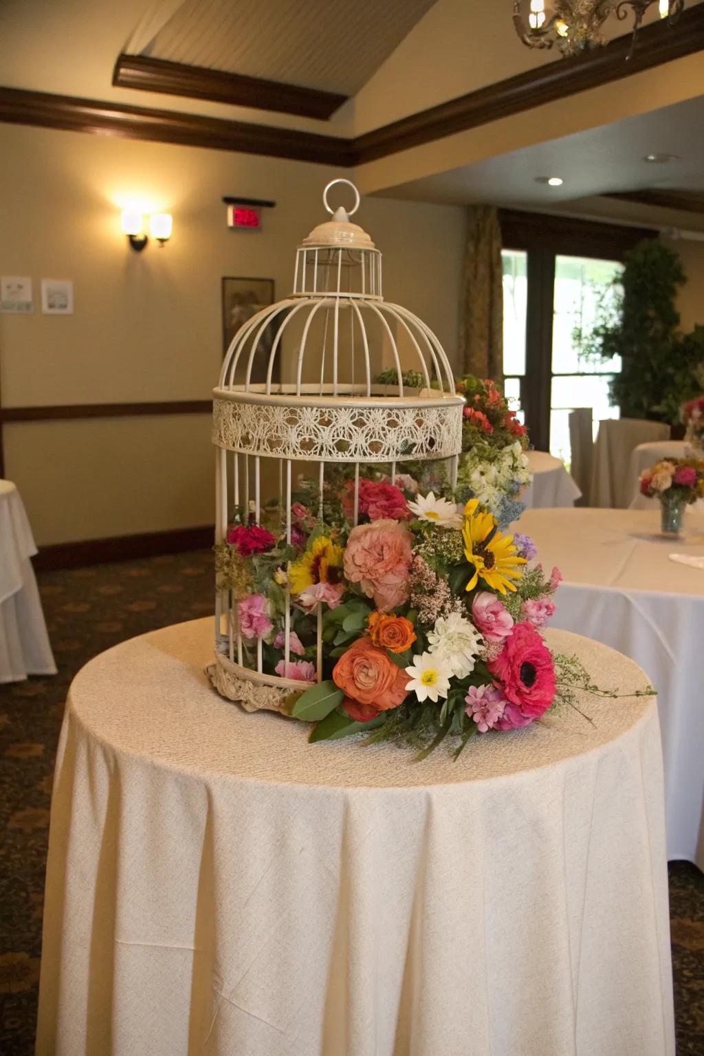 A <strong><em>bird enclosure</em></strong> centerpiece with vibrant flowers, adding a playful touch.” loading=”lazy” class=”pimg”>
	</picture><figcaption>A <strong><em>bird enclosure</em></strong> centerpiece with vibrant flowers, adding a playful touch.</figcaption></figure>
<p>Spark visual interest by incorporating <strong>flowers of varying colors</strong> within the <strong><em>bird enclosure</em></strong>. This approach is an excellent way to introduce a burst of color to a neutral setting.</p>
<h3>These products might be useful:</h3>
<ul class=